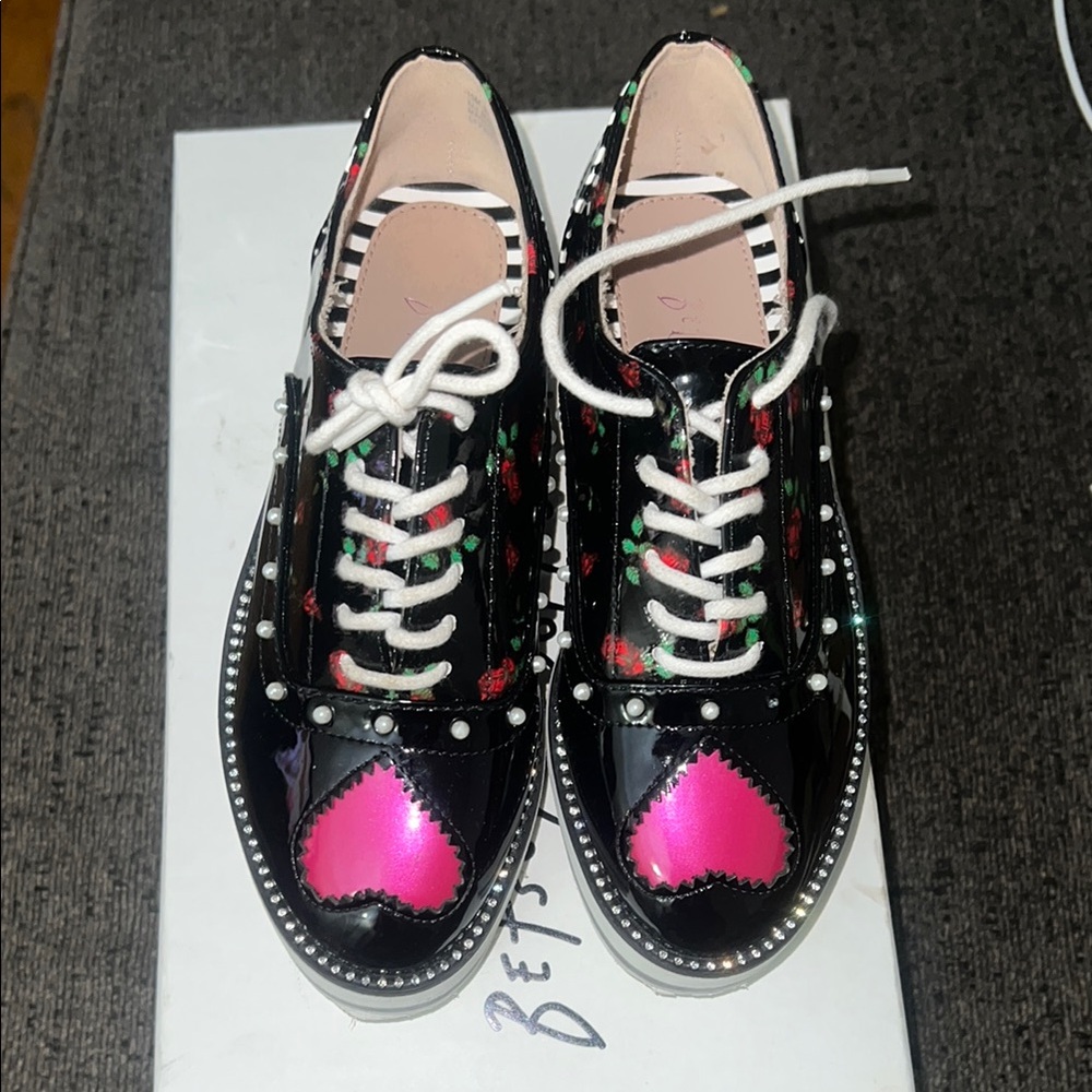 Betsey Johnson Black and Pink Heart Sneakers